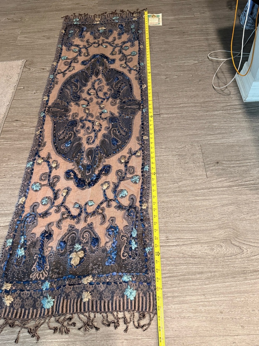 Aratta Taupe and Navy Embroidered Scarf/Runner - Picture 5 of 10